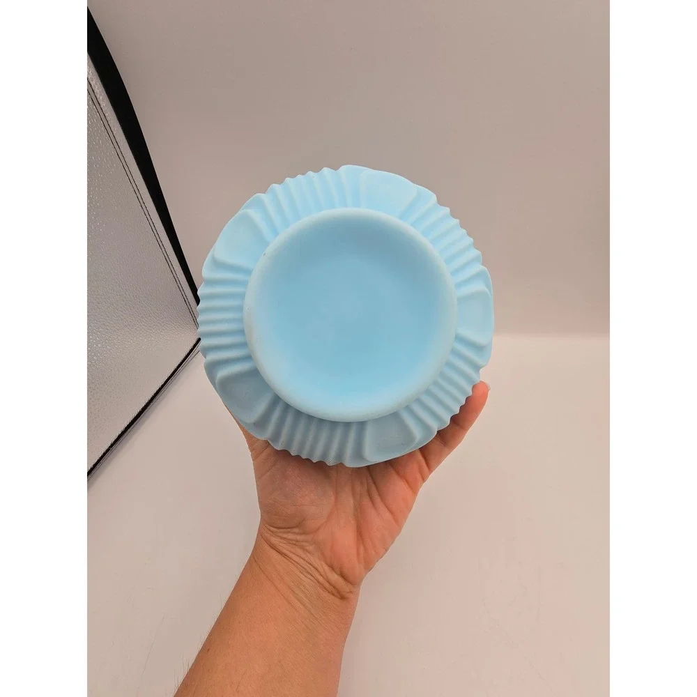 Fenton Vintage Satin Glass Vase Blue‎ Ruffled Rim 8 Inch Light Blue Embossed